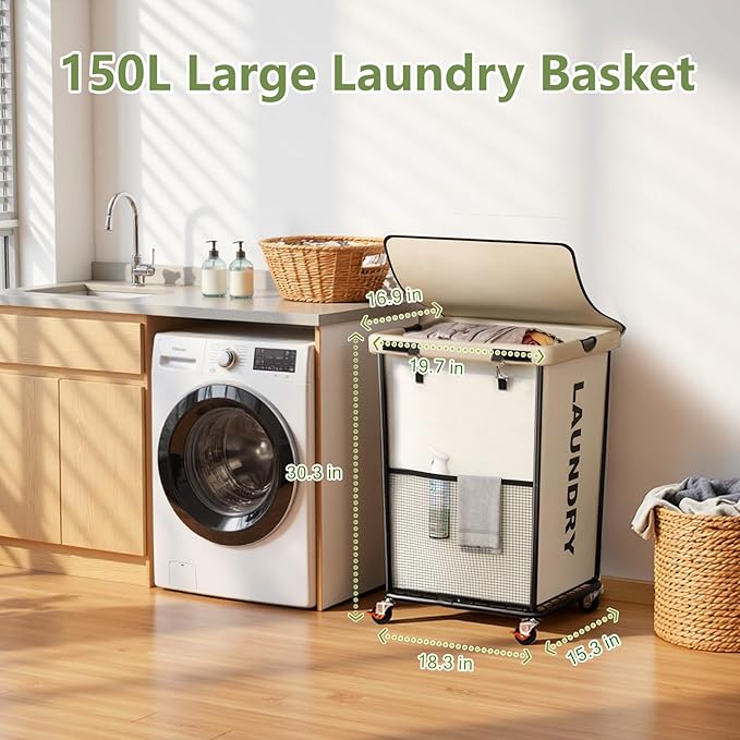 150L Laundry Basket with Wheels, Rolling Laundry Hamper with Cloth Cover, Laundry Cart with Metal Frame & Removable Bag, Large Dirty Clothes Hampers for Bedroom Aesthetic Laundry Room Bathroom, White