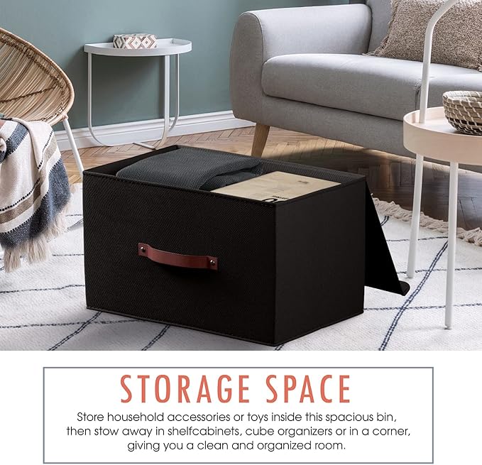 Ornavo Home 6 Pack Collapsible Storage Bins with Lid, Foldable Linen Fabric Shelf Storage Basket Closet Organizer and Large Storage Box for Clothes with Leather Handles, 15 x 10 x 9, Black