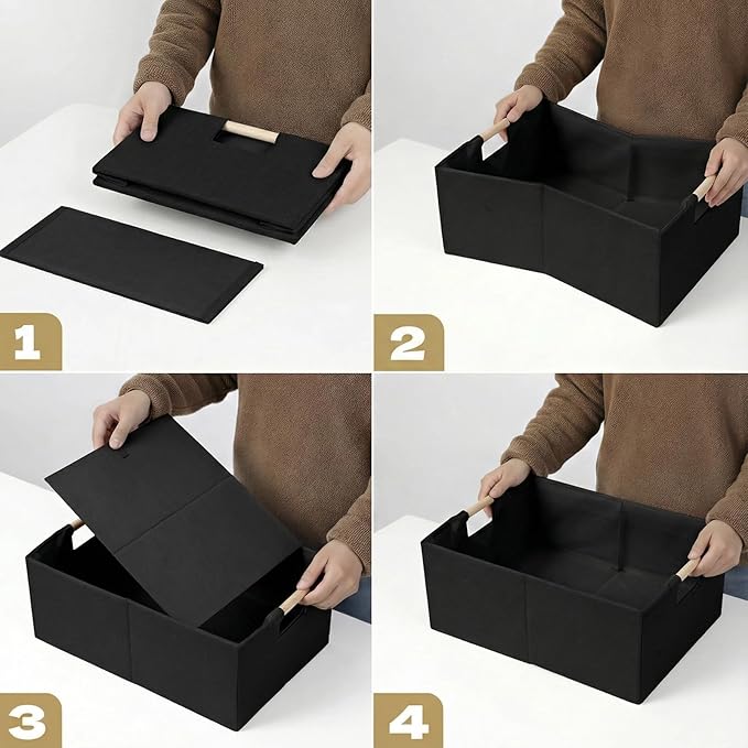 Foldable Fabric Storage Basket for Shelves, Linen Decorative Storage Bin with Wooden Handles, Small Organizer Cube for Closet, Rectangle Canvas Box for Organizing, Decor, 15x10.6x6 Inches (Blcak)