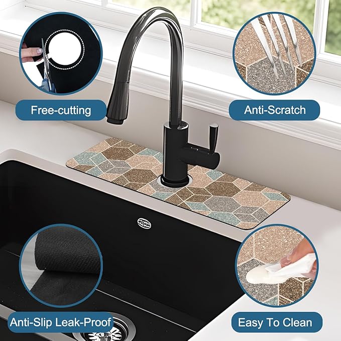 Geometry Blocks Sink Splash Guard Glitter Geometry Faucet Absorbing Mat Fast Drying Mat Sink Gadgets Splash Guard Behind Faucet Drip Catcher for Kitchen Bathroom, 15.5"x5.5"