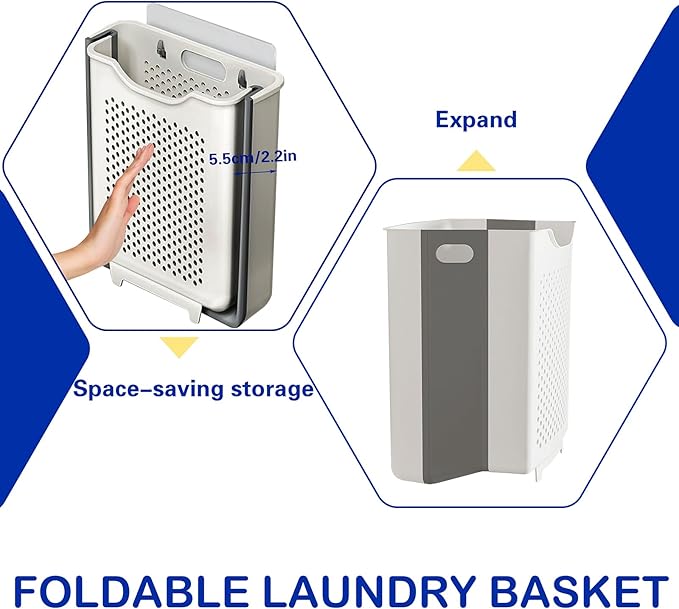 Collapsible Laundry Basket, Wall Mounted Hamper with Handle, Space-Saving Foldable Storage Dirty Washer Organizer, Hanging Multi-function Container for Home, Dorms, RVs, 11 x 6.3 x 11.4 Inch