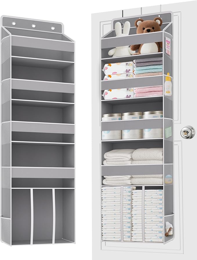 Heavy Duty Over the Door Organizer with Large Capacity Caddy, Behind Door Storage with 10 Mesh Side Pockets, Back of Door Hanging Organizer for Closet, Bathroom, Laundry