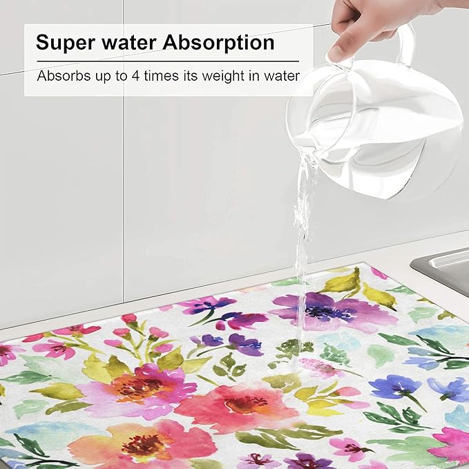 3Pcs Watercolor Flower Dish Drying Mat & Kitchen Sink Splash Guard Faucet Mat For Kitchen Counter Absorbent Microfiber Dishes Pad Dish Drainer Rack Mats Fast Dry Kitchen Accessories
