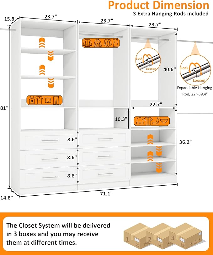 Closet System With 3 Sets, 6–16 Ft Closet Organizer System With 6 Drawers, Walk-In Closet With 9 Shelves & 5 Adjustable Hanging Rods, Customizable Modular Closet Kit, White