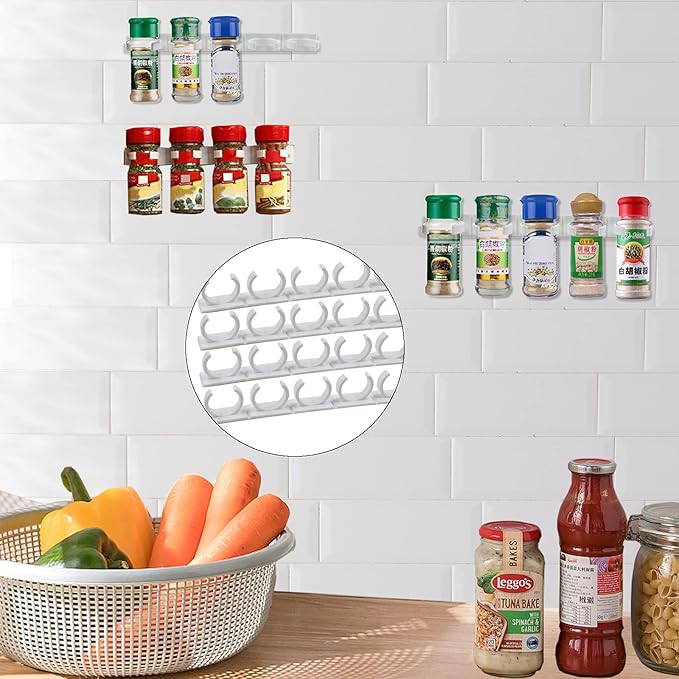 4 Pack 20-Clips Spice Gripper Clip Wall Mounted Kitchen Spice Jar Rack,Organizer Rack,Seasoning Jar Storage Holder,Bottles Clip,Cupboard Spice Rack Cabinet Door with Adhesive Tape