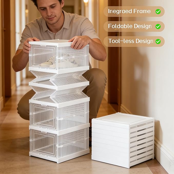 Upgrade Clear Foldable Shoe Storage Organizer, No Assembly 6 Tiers Shoe Box with Fully Clear Door, Plastic Stackable Shoe Rack for Sneakers, Sturdy Shoe Storage Containers Bins