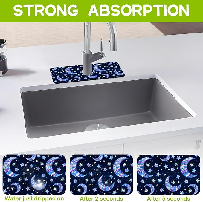 Kitchen Sink Splash Guard Faucet Mat Super Absorbent Fast Drying Mat Guard Behind Faucet Drip Catcher for Kitchen Bathroom (Blue Stars Crescent Moon, 23.5"X5.5")