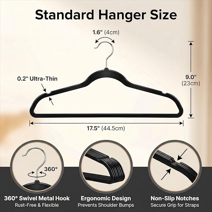 HOUSE DAY Black Plastic Hangers 60 Pack - Heavy Duty Non-Velvet Hangers with 360° Swivel Chrome Hook & Non Slip Notches - Slim Space Saving Clothes Hangers Ideal for Dresses Coats Shirts Jackets