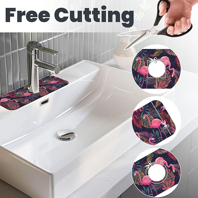 Set of 3 Flamingo and Palm Tree Dish Drying Mat & Kitchen Sink Splash Guard Faucet Mat For Kitchen Counter Absorbent Microfiber Dishes Pad Dish Drainer Rack Mats Fast Dry Kitchen Accessories