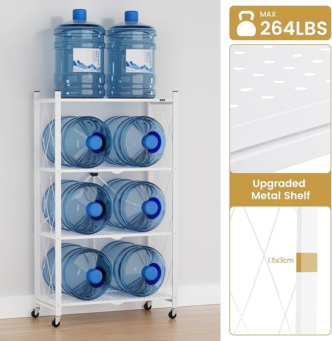 ALANNG Heavy Duty 4-Tier Folding Shelf with Wheels, No Tools Assembly Metal Storage Rack Cart, 264LBS Capacity for Kitchen, Pantry, Laundry Room, Garage, (White, 2PACK)