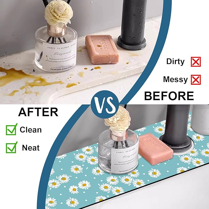 Cute Daisy Sink Splash Guard Faucet Mat White Daisies Super Absorbent Fast Drying Mat Sink Gadgets-Splash Guard Behind Faucet Drip Catcher for Kitchen Bathroom, 23.5"x5.5"