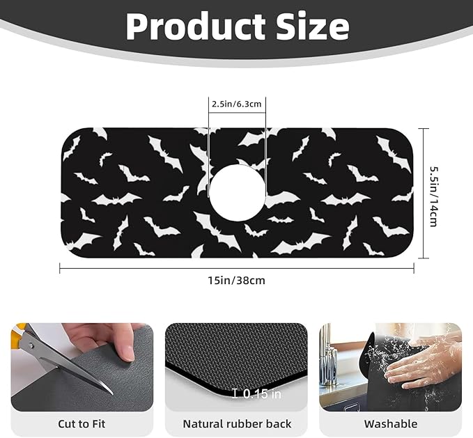 Halloween Cool Black Bat Kitchen Sink Splash Guard Faucet Mat Super Absorbent Fast Drying Mat Sink Gadgets-Fast Drying Pad Sink Mat For Kitchen Bathroom (15" X 5.5" )