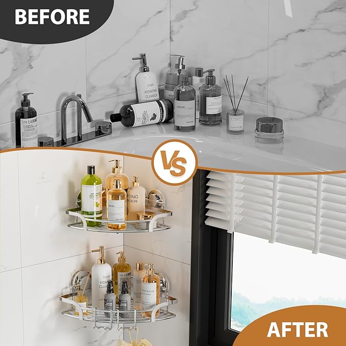 LEVERLOC 2 Pack Powerful Suction Cup Corner Shower Caddy, Stainless Steel Rustproof Shower Shelf with Hooks, Drill-Free Wall Mounted Bathroom Organizer, Large Capacity Removable Suction Basket, Silver