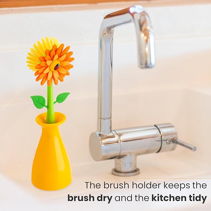 Vigar Flower Power Dish Brush with Handle and Vase Dish Brush Holder, Kitchen Scrub Brush for Pot Scrubber, Dishes, and Sink Cleaning, Orange, Green
