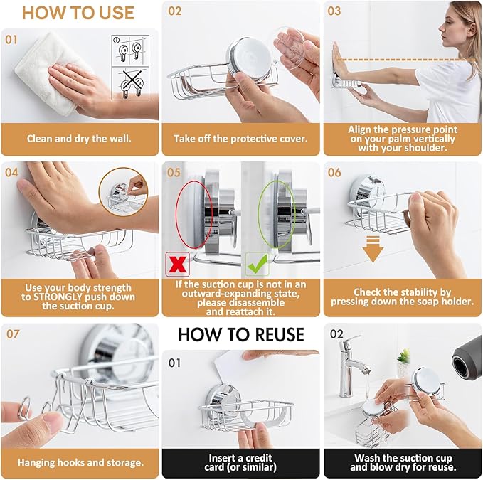 LEVERLOC Soap Holder Shower with Hooks, Bar Suction Cup Soap Dish Tray for Wall, Rust-Proof Stainless Steel Sponge Caddy for Bathroom Accessories Organizer Bathtub Kitchen Sink, Silver