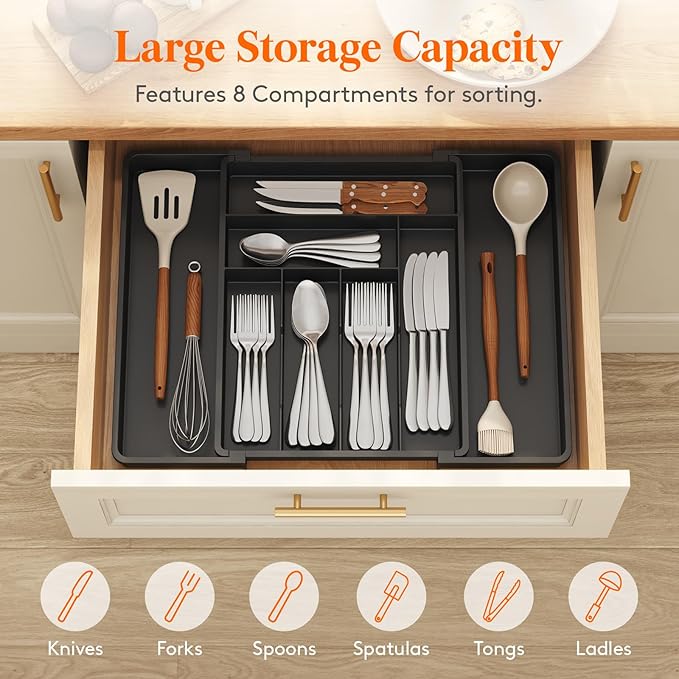 Lifewit Utensil Organizer for Kitchen Drawer, Expandable Cooking Silverware Tray, Adjustable Cutlery Flatware Holder, Plastic Spatula Tools Storage Divider, 13-22.3 x 16.7", Black