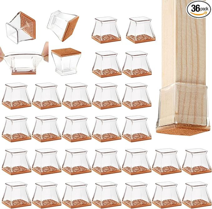 CHUNZEXI 36 Pack Square Chair Leg Floor Protectors for Hardwood Floors, Silicone Felt Covers Pads Caps, Protect Wood Furniture Feet Floors Noise Reduce and Scratch (Square Large & Clear)