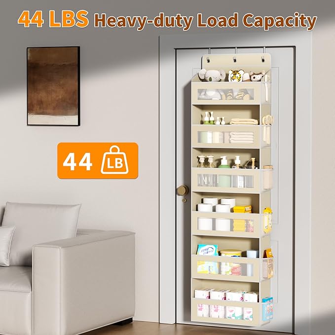 Over The Door Organizer with 6 Large Pockets, Over the Door Storage 12 Side Pockets, Hanging Door Organzier 44 lb Load Behind Door Storage Hanging Shelf for Closet Wall Bathroom Nursery, 6-Tier Beige