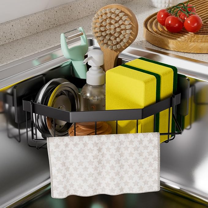 Corner Sink Sponge Drying Rack with Towel Bar, Black Stainless Steel, Multipurpose Kitchen Organizer, Self-Adhesive Installation