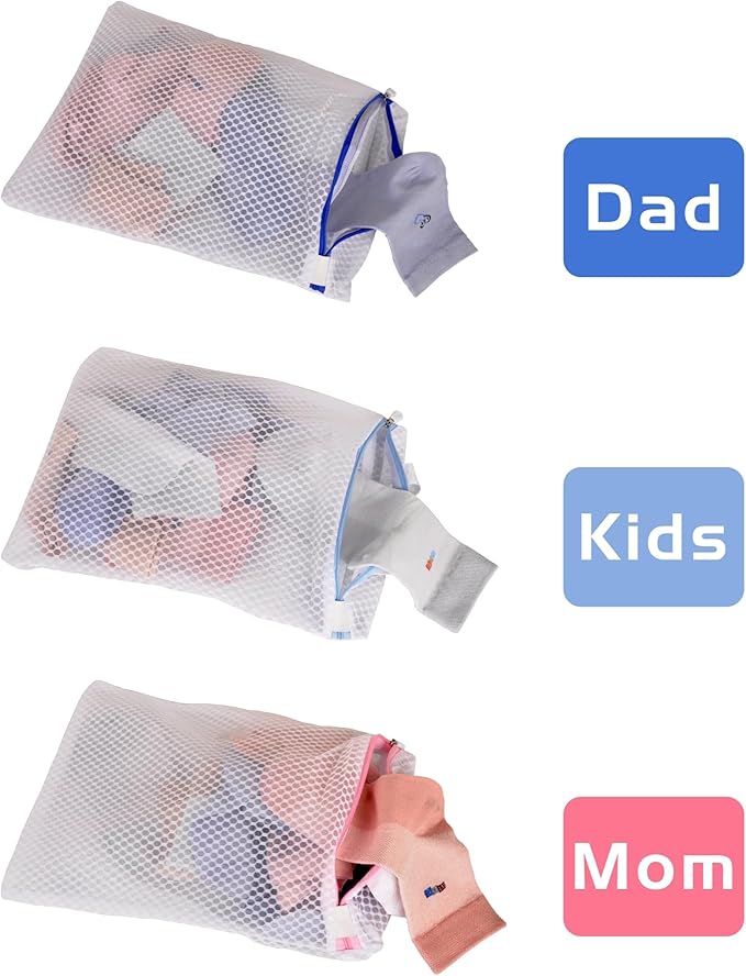 3-PACK Hanging Mesh Laundry Bags with S Metal Hooks,10x12 Inch Hanging Socks Laundry Bags for Washing Machine