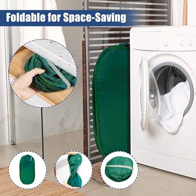 2 Pack Collapsible Laundry Baskets, Upgrade Pop Up Laundry Hamper with Convenient Bags, Foldable Laundry Basket Mesh Light Weight, Easy to Carry Clothes Hampers for Laundry, Dorm, Toys, Travel Green