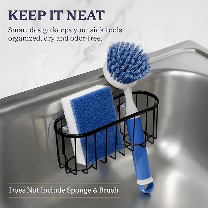 Farberware Sponge Holder for Kitchen Sink—Brushed Metal Sink Caddy Organizer with Triple Suction Cups, Kitchen Organizer for Sponges, Brushes, Soap & Cleaning Essentials