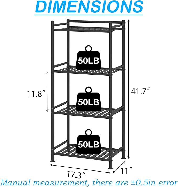 4 Tier Bathroom Storage Open Shelf Unit, Free-Standing Metal Corner Rack Shelving for Kitchen, Living Room, Hallway (Black, Wider 4 Tier)