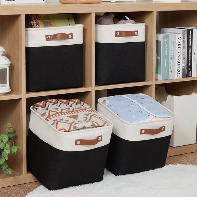 HNZIGE Foldable Storage Basket set,Fabric Storage Baskets for Shelves,Linen Closet Organizers (4 Pack) Storage Baskets,11x11 Storage Basket for Books,Clothes,Gifts with Handles(White&Black)