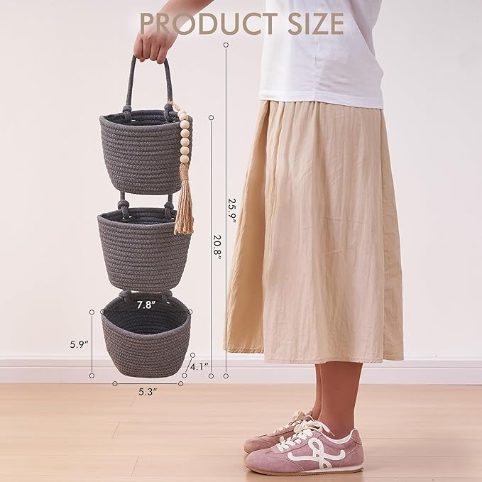 Fabric Wall Hanging Organizers - Small Woven Baskets Pouches Set Boho Style Wall Mounted Bag with Adhesive Hook, Storage Decoration Pocket Caddy for Closet Playroom RV Nursery (Gray & Black)