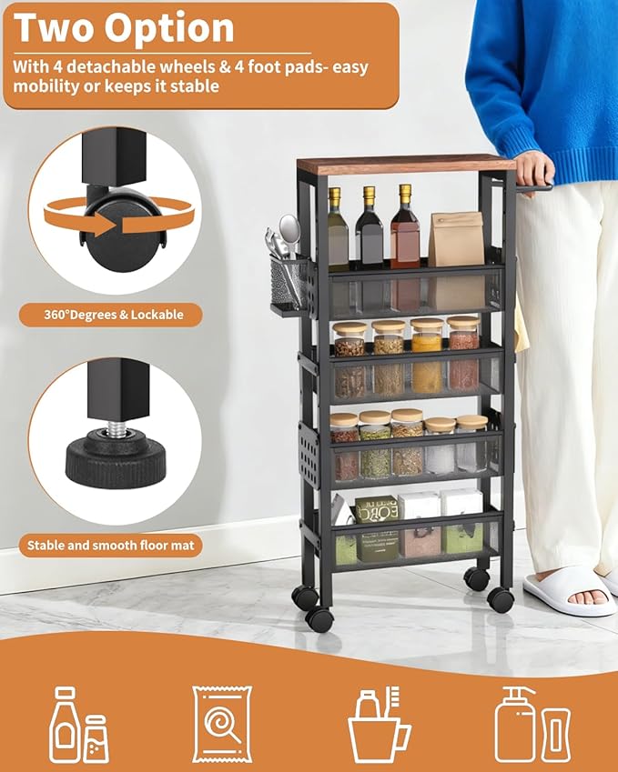 TORIBIO Slim Storage Cart, 5 Tier Narrow Kitchen Rolling Cart with Wheels for Small Space,Mobile Utility Cart Shelving Unit with Metal Frame and Wooden Top for Kitchen, Bathroom, Laundry Room