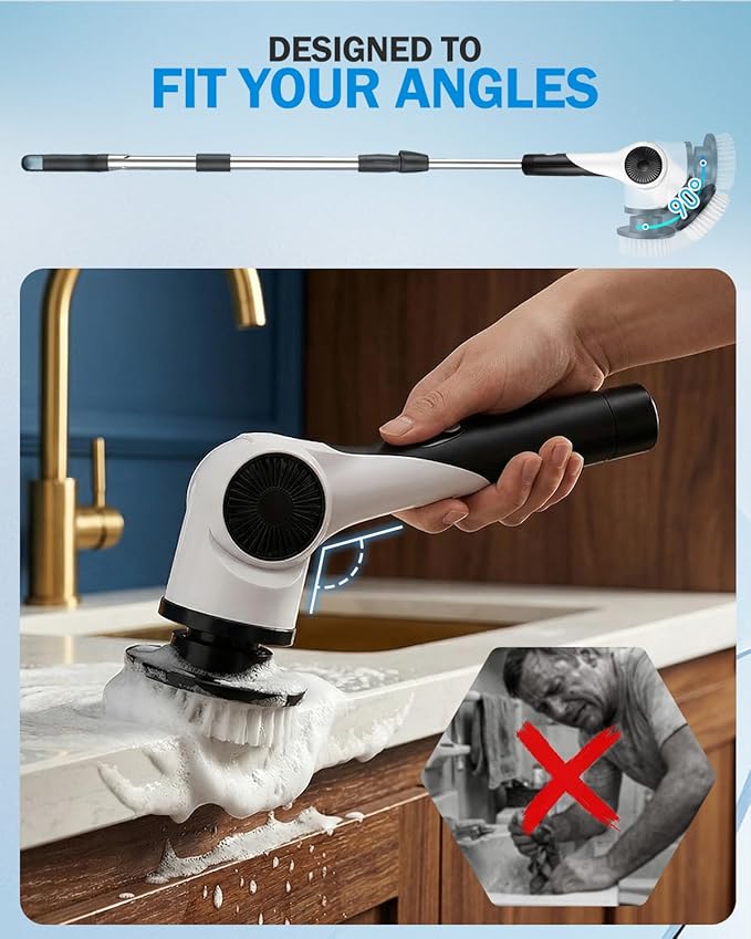Electric Spin Scrubber, 3-Speed Cordless Shower Scrubber with Long Handle & 10 Replaceable Brush Heads, 90 Mins Runtime & Full-Body IPX7 Waterproof Shower Cleaner Brush for Bathroom Kithchen