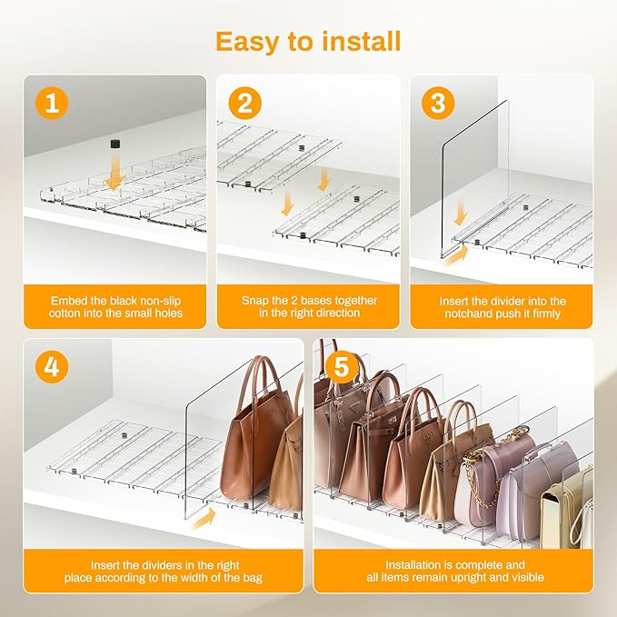 Purse Organizer for Closet Organizers And Storage Adjustable Clear Shelf Dividers for Purse Organizer for Closet, Closet Shelf Organizer Suitable for Bookshelf Dividers, Bedroom, Offices(2 Set-Large)