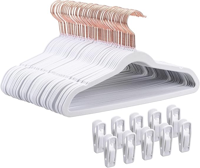 14 Inch Velvet Kids Hangers -50 Pack Durable & Non-Slip Closet Organizers for Big Kids & School-Age Children, 0.2" Ultra Slim Space-Saving Design with 10 Hanger Clips - White