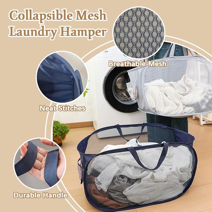 4Pcs Pop Up Laundry Hamper, FHDUSRYO Mesh Foldable Hamper with 4 Wash Bags, Collapsible Laundry Basket with Side Pocket Carry Handles, Portable Dirty Clothes Basket, Mesh Hamper for Dorm Bedroom