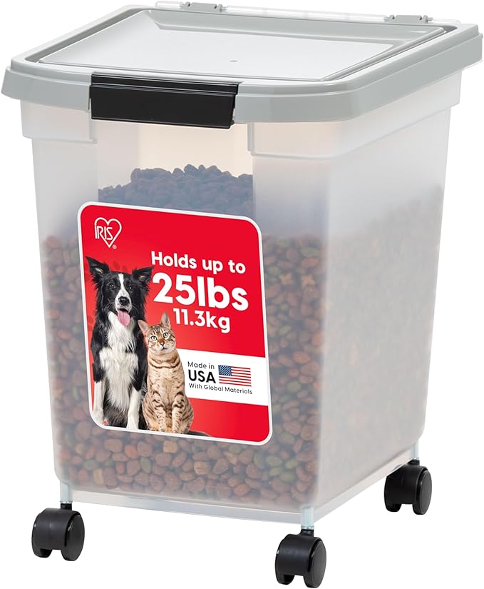 IRIS USA Airtight Dog Food Storage Container, WeatherPro, Up to 25 lbs, Removable Wheels, for Dog Cat Bird and Other Pet Food Storage Bin, Keep Fresh, Translucent Body, Made in USA, Clear/Gray