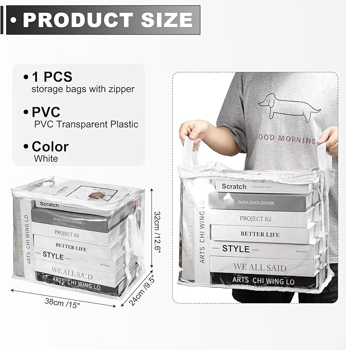 PATIKIL 15x9.5x12.6in Clear Storage Bags, Plastic Storage Bags Clear Small Zippered Organizers Foldable Closet Bed Sheet Organizer Cube with Zipper Handles for Book Clothes Yarn,L, White