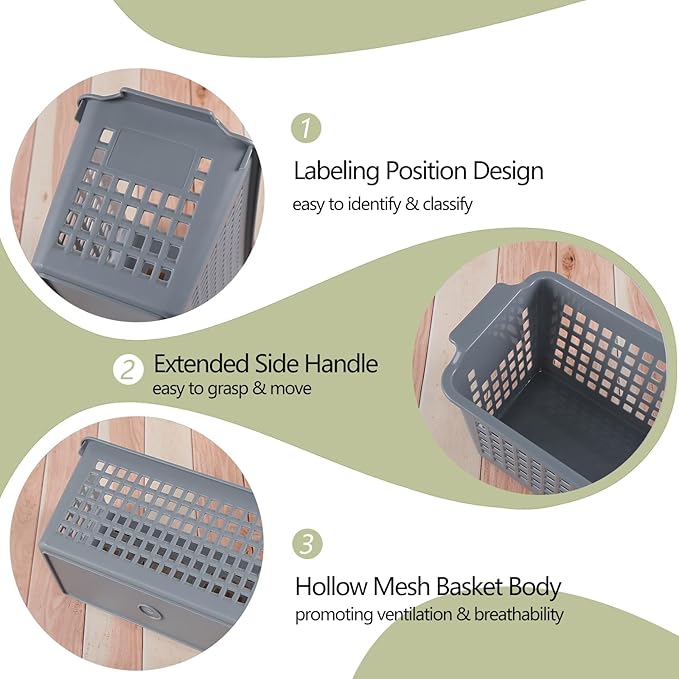 Ggbin Grey Plastic Stacking Storage Basket, Slim Pantry Basket Bins, 6 Packs
