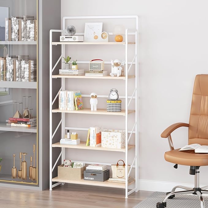 JSB Folding Bookshelf,Industrial Storage Shelves, No Assembly Vintage Wood Look Bookshelf with Storage Shelves for Living Room, Bedroom, Office (White, Wide 5-Tier)