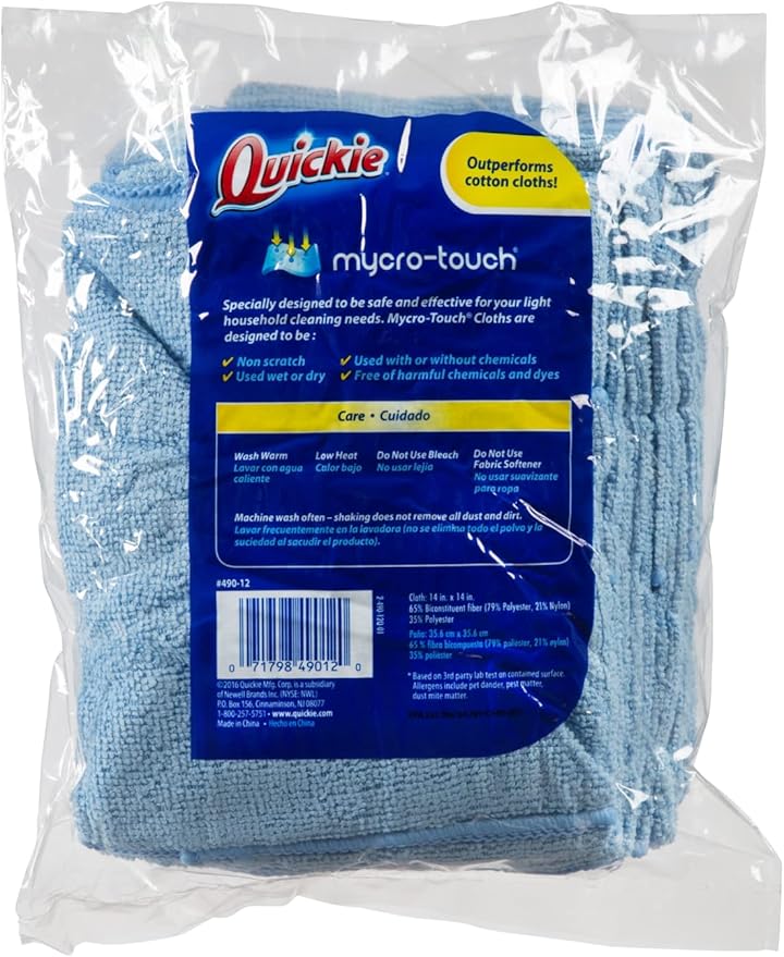 Quickie Microfiber Cleaning Cloth 14 X 14 inch, Blue, 12 Pack, All-Purpose Towel/Wiper for Multi-Purpose Indoor/Outdoor Cleaning/Dusting/Polishing on Kitchen/Bathroom/Auto SurfacesK (49012PDQ)