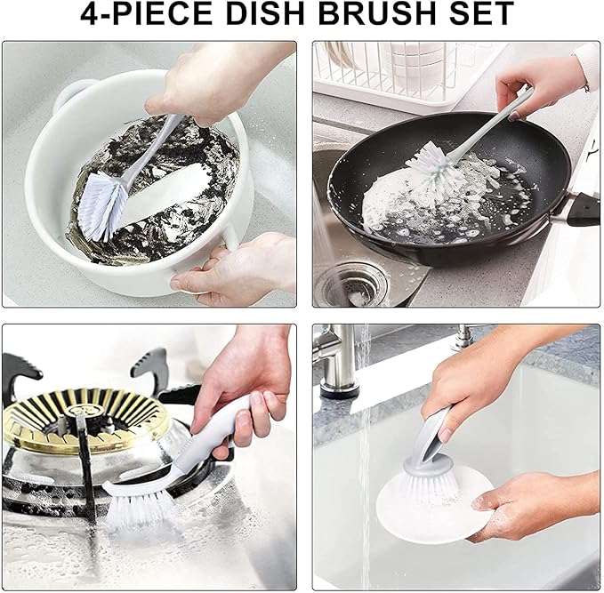 Dish & Bottle Brush Set, 4-Piece Kitchen Cleaning Brushes, Gray, Plastic Handles, Medium Bristles (Nylon or Polyester)