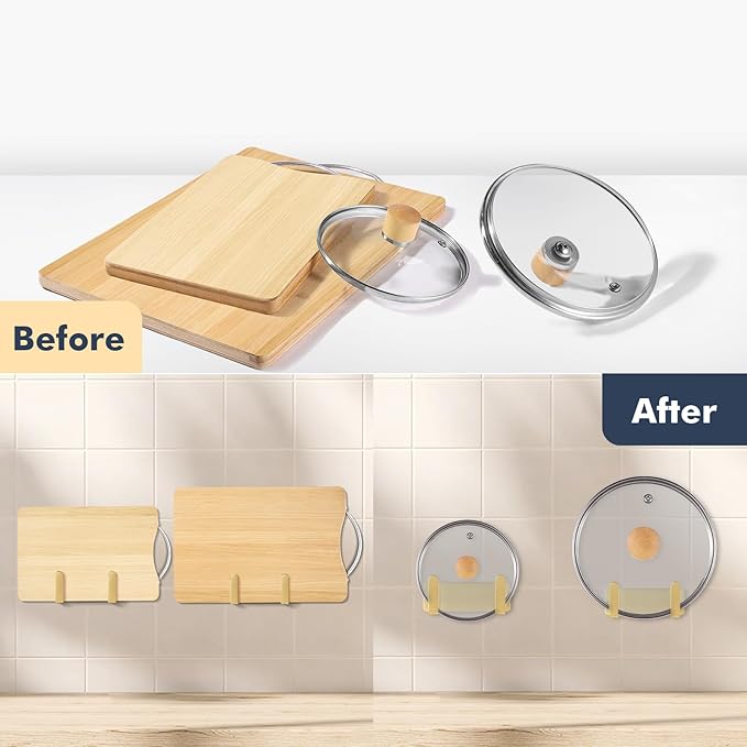 Pot Lid Rack, Wall Mounted 304 Stainless Steel Pan Lid Organizer Holder, Self Adhesive, Kitchen Cooking Utensil Tool(Gold)