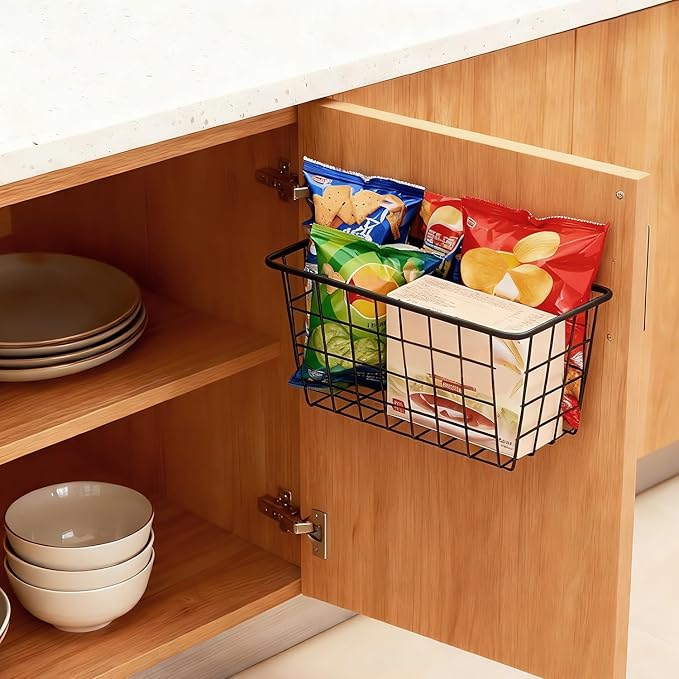 2 Set Adhesive Hanging Wall Basket Inside Cabinet Door Organizer,Wall Storage Basket-No Drilling Adhesive wall Basket for Cupboard Door,Space-Saving Small Hanging Baskets for Wall Mount Storage,Black
