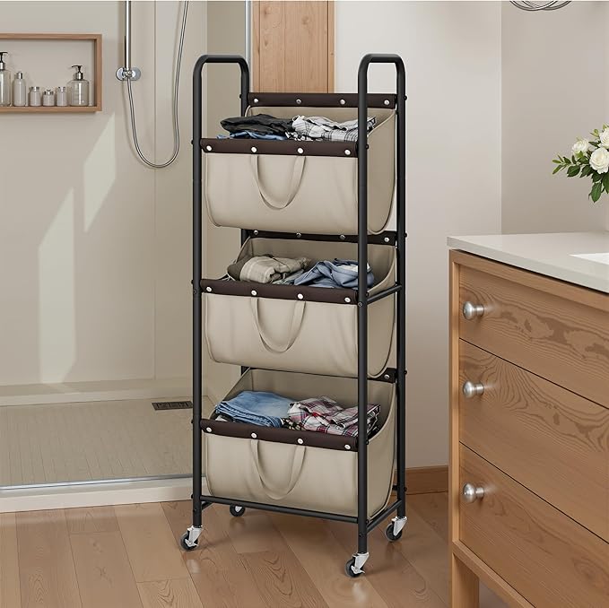 GRANNY SAYS 3 Tie Laundry Sorter, Laundry Basket with Wheels, Laundry Room Organization and Storage, 3 Section Rolling Laundry Cart for Dorm, Bathroom, Bedroom, Closet, Light Khaki