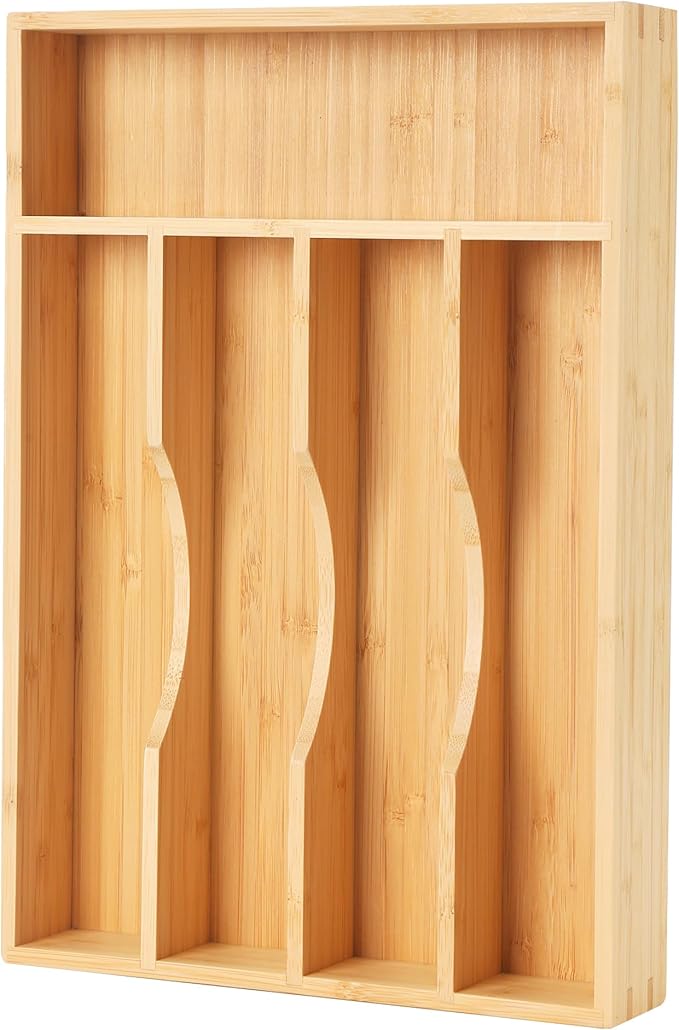 Bamboo Kitchen Drawer Organizer, 9 Inch Silverware Utensil Holder for Samll Drawer, Narrow Silverware Organizer for Cutlery Knives