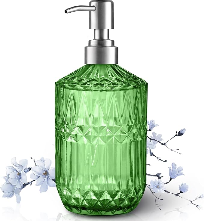 Kaishun 13 Oz Refillable Soap Dispenser, Glass Soap Dispenser for Dispense Hand Soap, Dish Soap, Lotion (Green)