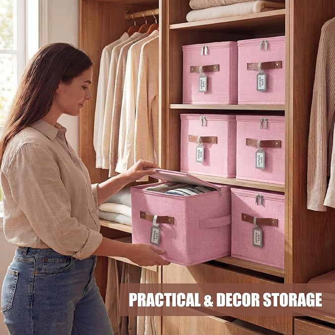 Fiwochic 6 Pack Fabric Storage Bins with Lids, 10×8×7Inch Foldable Cotton Linen Storage Boxes with PU Leather Handles and Label Holders for Closet, Bedroom, Shelf, Nursery, Pink