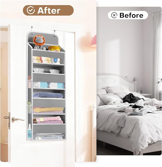 SpaceWhisper Over the Door Organizer, 4 Large Pocket Hanging Storage Organizer with 40lb Capacity, Space Saving for Nursery, Bathroom, Bedroom, Closet - Baby Essentials & Toiletry Organizer (Grey)
