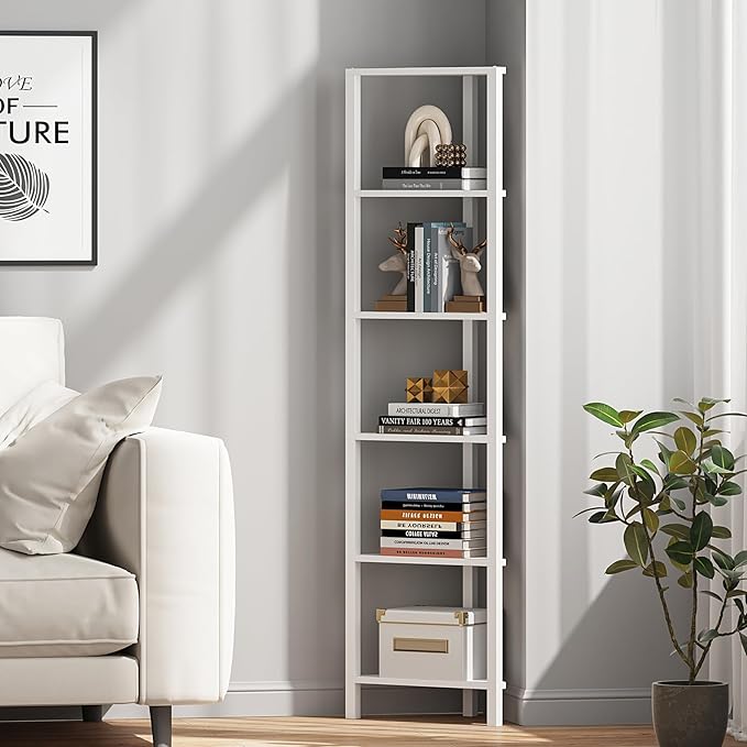 TUTOTAK 6-Tier Corner Bookshelf,Corner Shelf for Small Space, Narrow Display Corner Shelf Stand with Storage Rack, for Living Room, Bedroom, White BS05BW006