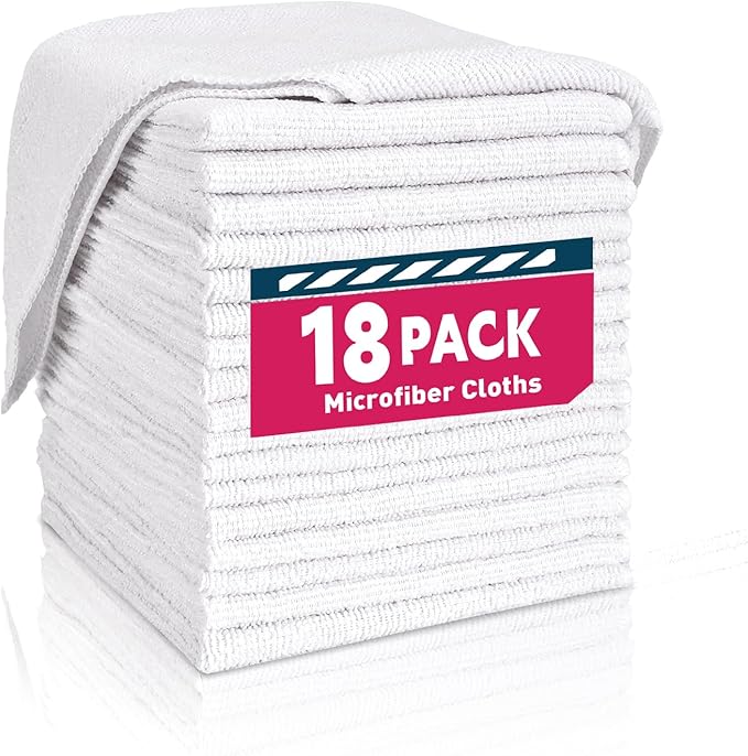 TEAWOO White Microfiber Towels- 18 Pack, Microfiber Cleaning Cloths Bulk, Microfiber Towels for Cars, Cleaning Rags (12x12 inches)