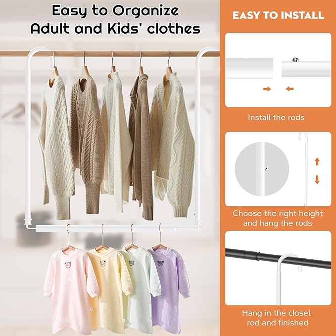 Hanging Closet Rod Adjustable Width Height Closet Rod For Hanging Clothes White 1 Pack Closet Extender Hanging Rod Clothes Space-Saving Hanging Bar Organizer